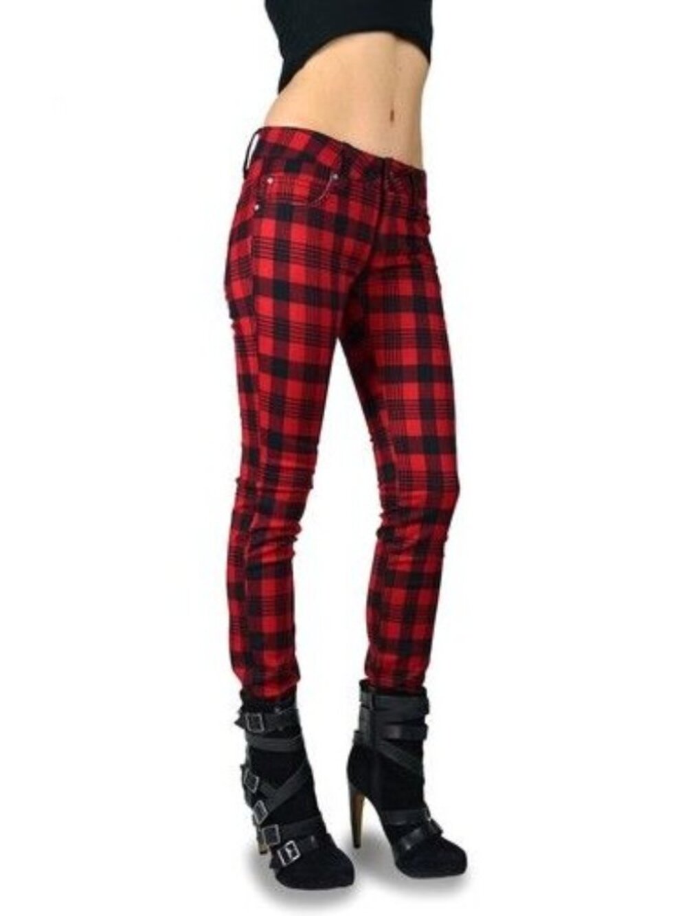 Tripp NYC Red Black Plaid Skinny Pants Sz 5 Cotton Blend Straight Leg Punk Style - Picture 2 of 7
